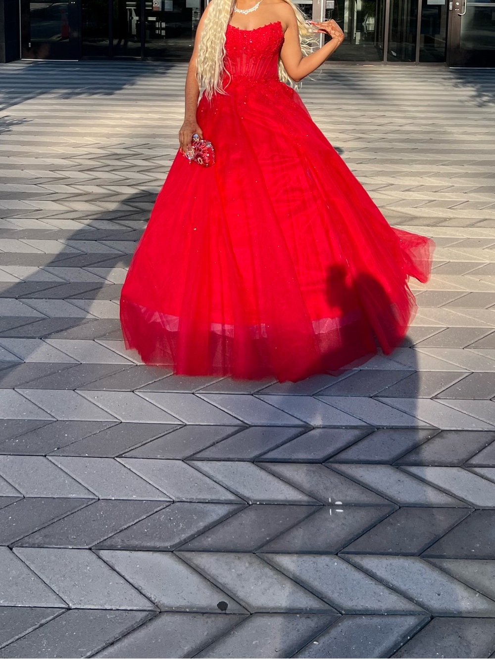 Red Strapless Tulle Ball Gown Dress
